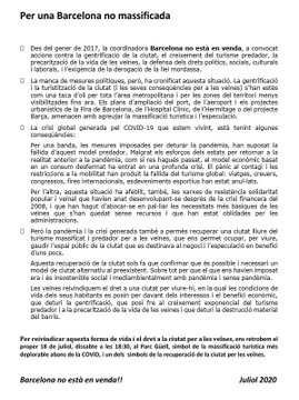 Dissabte #18J 18h30 , 
Mobilització x una #BcnNoMassificada al pàrquing de busos #ParkGüell (Carretera del Carmel) contra el retorn a una normalitat turistitzada i per la #desturistització de #Bcn i #AgendaEcosocial entre d'altres revinidicacions socials.
Convoca <a href="/BcnNoStaEnVenda/">BarcelonaNoEstàEnVenda</a>