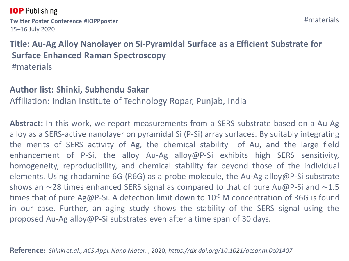 Shinki10193928's tweet photo. @IOPPublishing @IOPPposter#materials
Au-Ag Alloy Nanolayer on Si-Pyramidal Surface as a Efficient Substrate for Surface Enhanced Raman Spectroscopy https://t.co/o8pcbpv4KY
