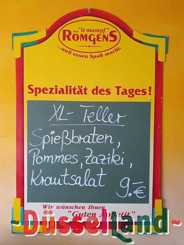 duesselland's tweet photo. 💬Mittagspause !!! 🍽 
Wo❓Bei "le mampf" Römgens ... weil essen Spass macht. 

Es macht nicht nur Spass, es schmeckt auch richtig gut! 😋

Bratwurst, Krakauer oder Currywurst?  Wir entscheiden uns für die Spezialität des Tages: 
 >> XL-Teller: Spießbraten, Pommes, Zaziki... https://t.co/T3FeaIIwql