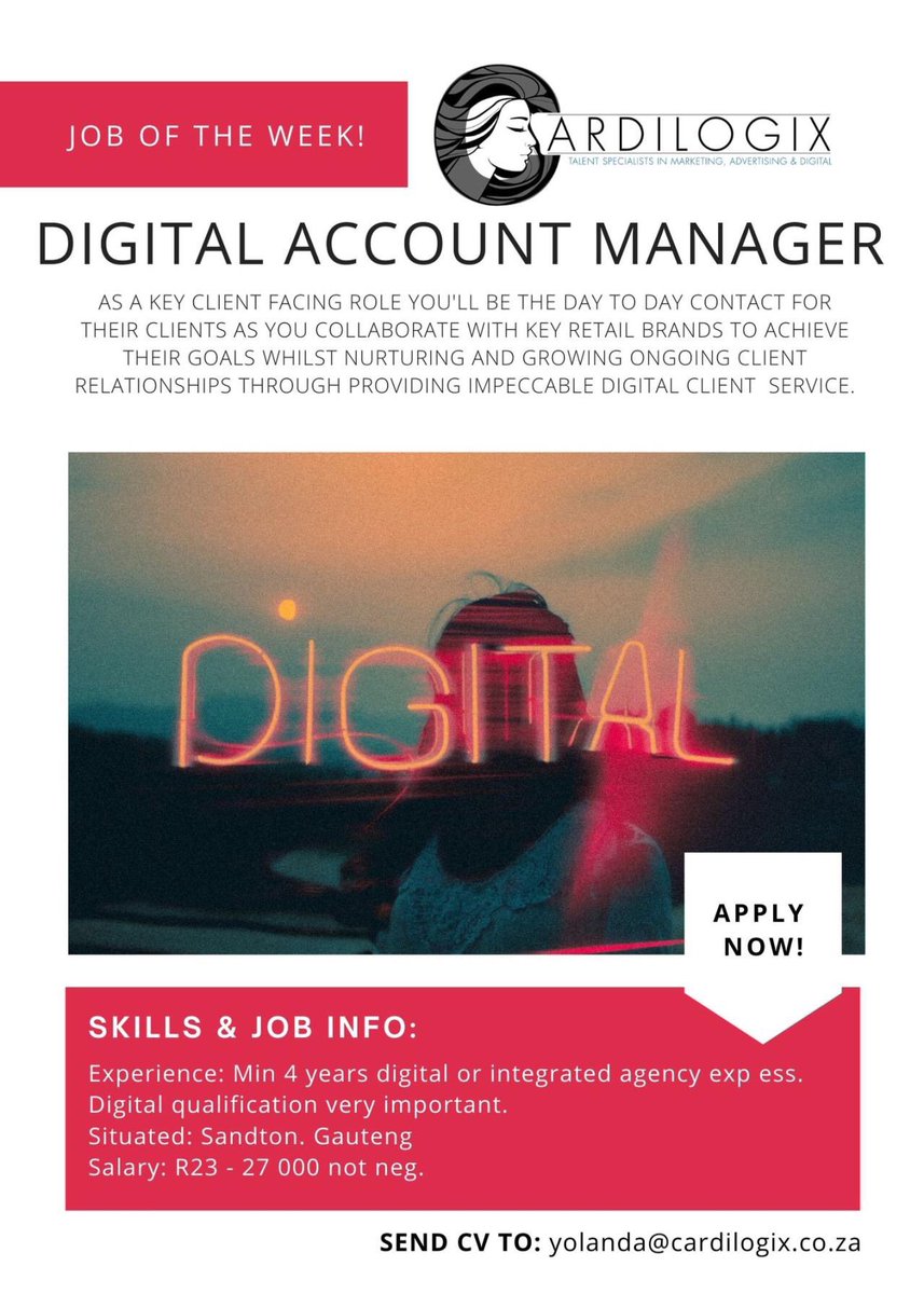 cardilogix's tweet image. If you have digital agency exp &amp;amp; want to work with some of the coolest people in the hippest and most loved digital agency, give us a shout today! 👊🏽

#DigitalJob #Digital #Hiring #Jobs #AccountManager #GoogleAds #FacebookAds #SEO #SocialMedia #Analytics #DreamJob #Retail #Media