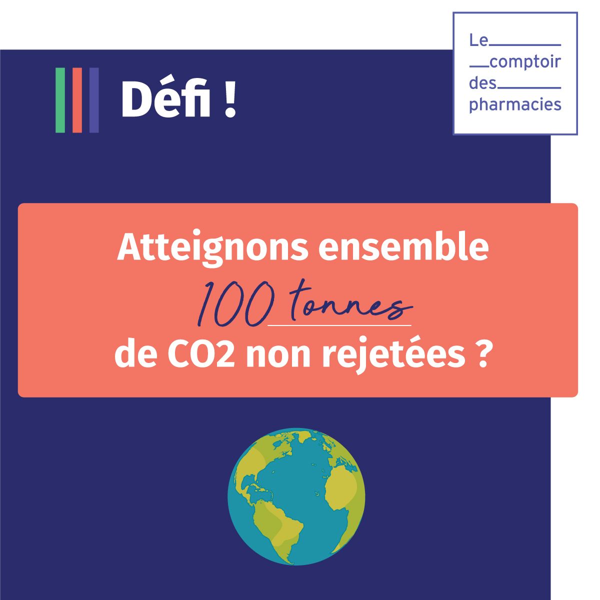 [ Défi Comptoir des Pharmacies ] 🛎⚡

Après vous avoir challengé, à notre tour de relevé le défi !
A la fin de l’année 2020, nous nous fixons comme objectif :

👉 100 tonnes de CO2 non rejetées ! 👊

Tous les mois, nous vous tiendrons au courant de l’avancée des progrès 📉