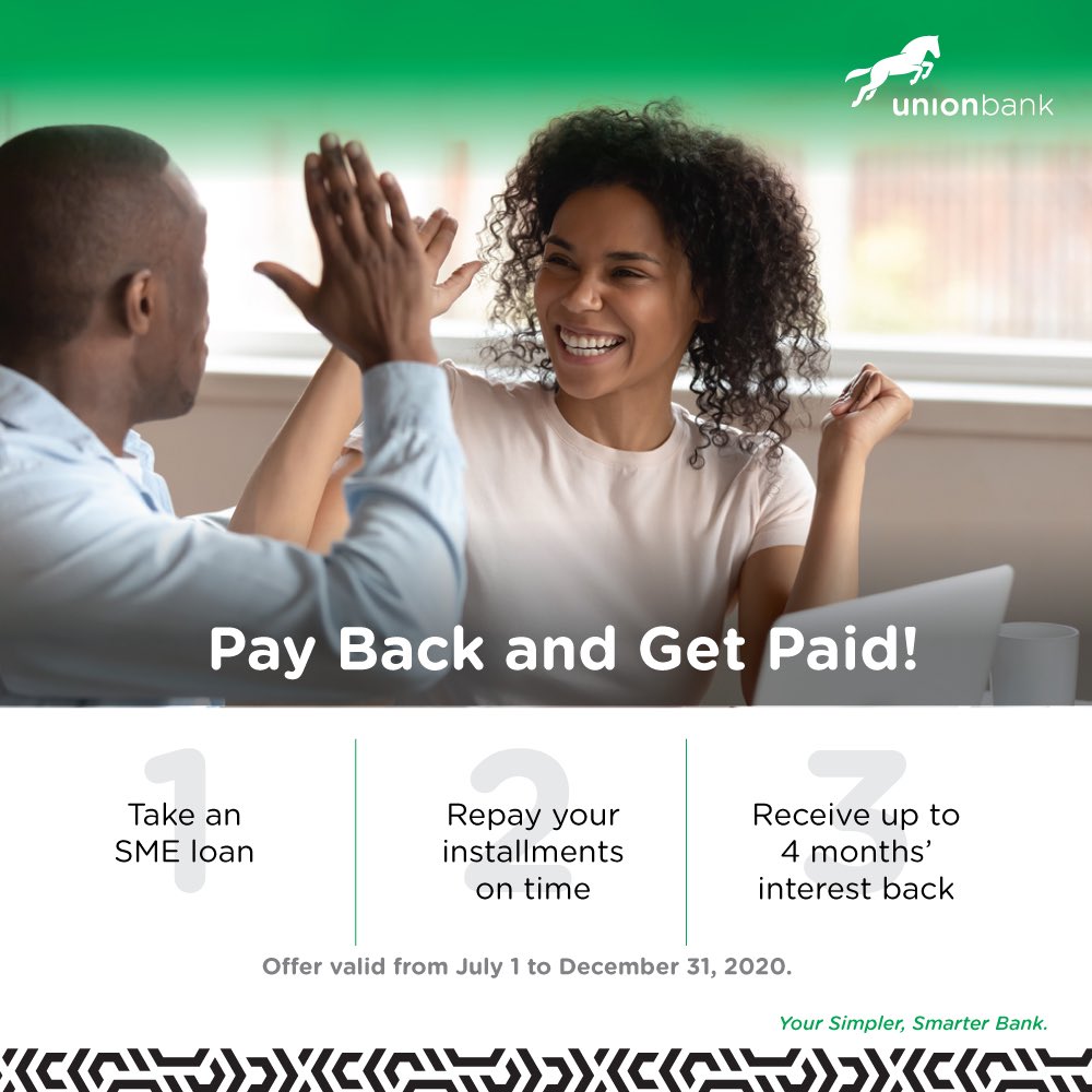 UNIONBANK_NG's tweet photo. Pay your SME loan on time and receive up to 4 months’ interest back.
For more information, call us at 07007007000.
#SMELoan #RepaymentPlan #UnionBank #YourSimplerSmarterBank https://t.co/FybzeeBQ17
