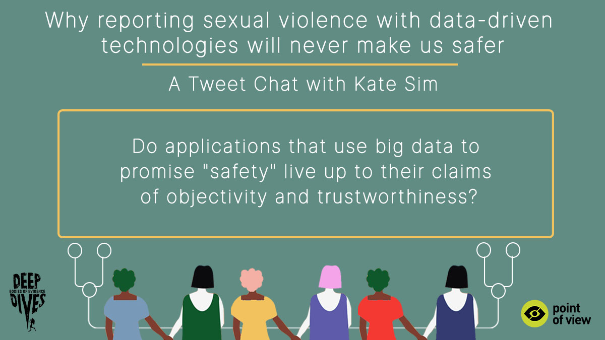 Q1. In your  #BodiesofEvidence essay ( http://bit.ly/reportingtech ), you write about the increasing use of big data in "safety technologies" for sexual assault — as an objective & trustworthy alternative to "traditional" forms of reporting. Do these apps deliver on their promises?