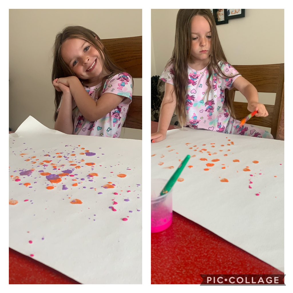 EmilyTaylor180's tweet photo. Had fun doing our splatter painting this morning in our pjs! Off to get cleaned up now and do some maths and phonics @FRISroom4 https://t.co/AveQZB2exX