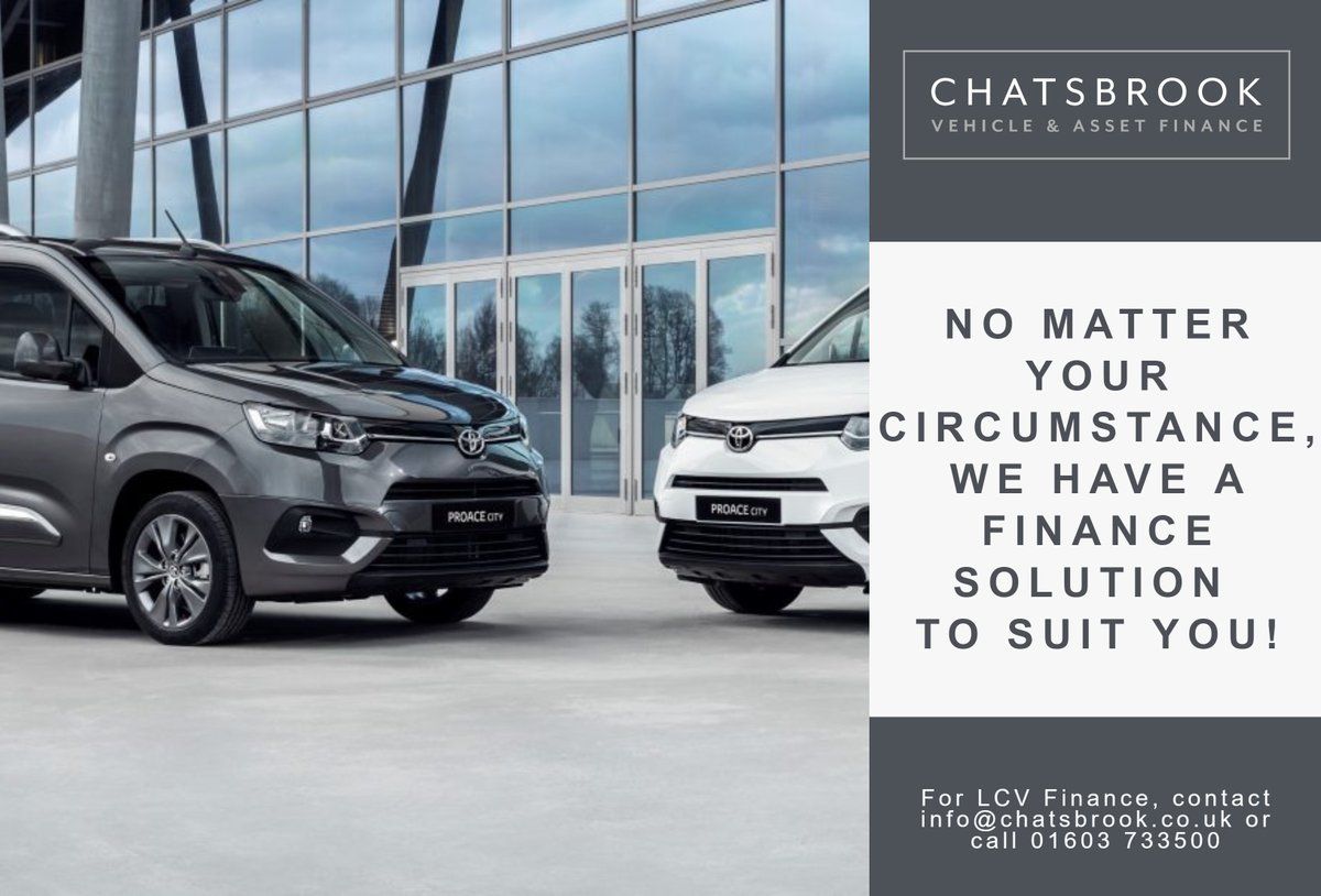 Chatsbrook's tweet photo. #VANFINANCE TO SUIT YOU!
Whether you are a sole trader, partnership, franchise or a limited company, there are many funding options available at Chatsbrook.
We make finance easy! Get in touch with our friendly team on 01603 733500
#LCV #Van #Finance https://t.co/aa918kXNVV