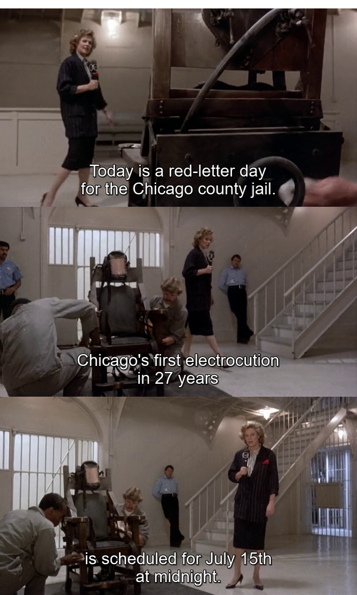CineCalendar's tweet photo. Jul 15th - Reporter, Christy Colleran (Kathleen Turner), reports that Chicago's first electrocution in 27 years will take place on this date, after the State Supreme Court
upheld the death sentence #SwitchingChannels https://t.co/jC529C1Tpj