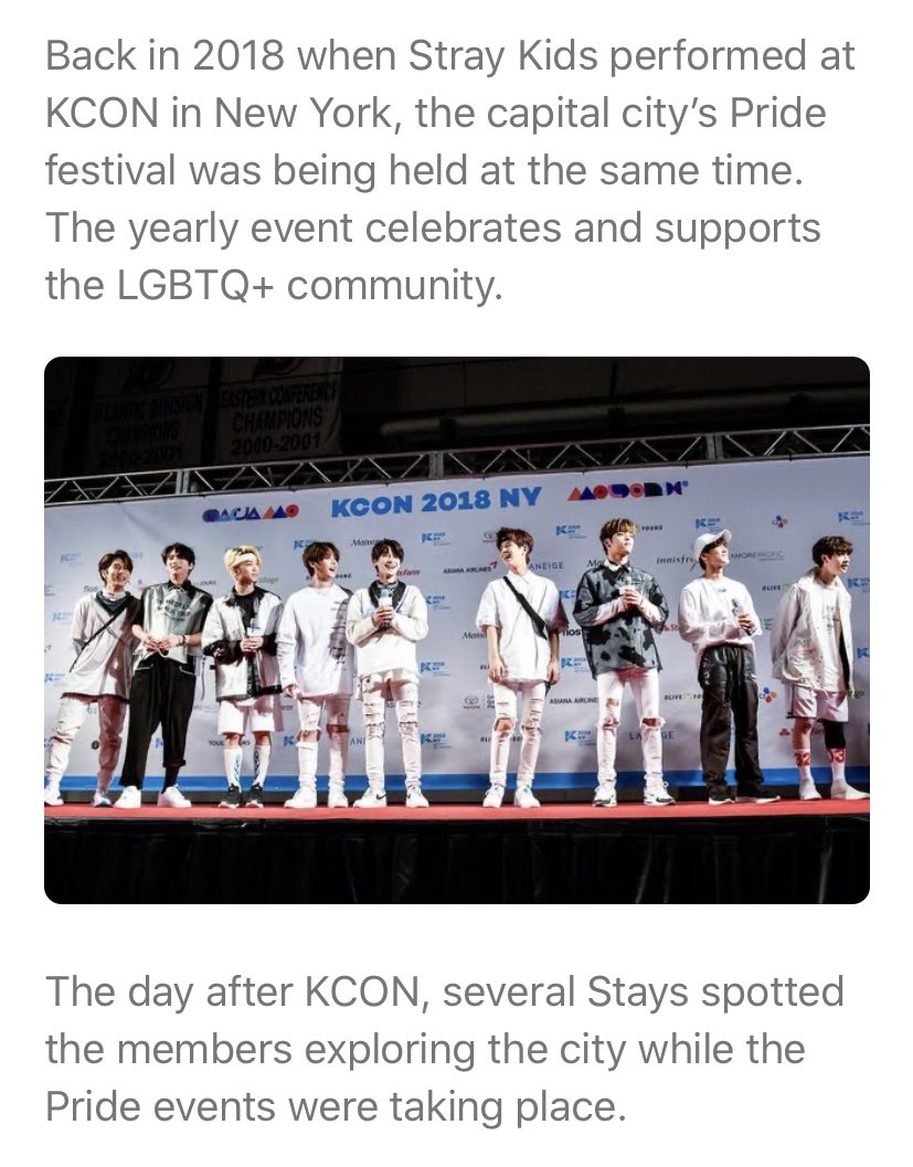 STRAY KIDSthe rookie group have been super supportive towards fans all sexualities, genders and those with mental health problems. members also donated and spread awareness about the wildfires in australia, and attended pride whilst they were in new york