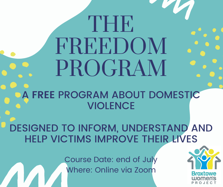 Broxtowewomen's tweet photo. We are offering the FREE Freedom Program to all who may be interested in learning more about Domestic Abuse.
Online via Zoom at the end of July. Contact us to sign up!
#freedomprogram #domesticabuse #training #free #empowerment https://t.co/QO38ruDTQp