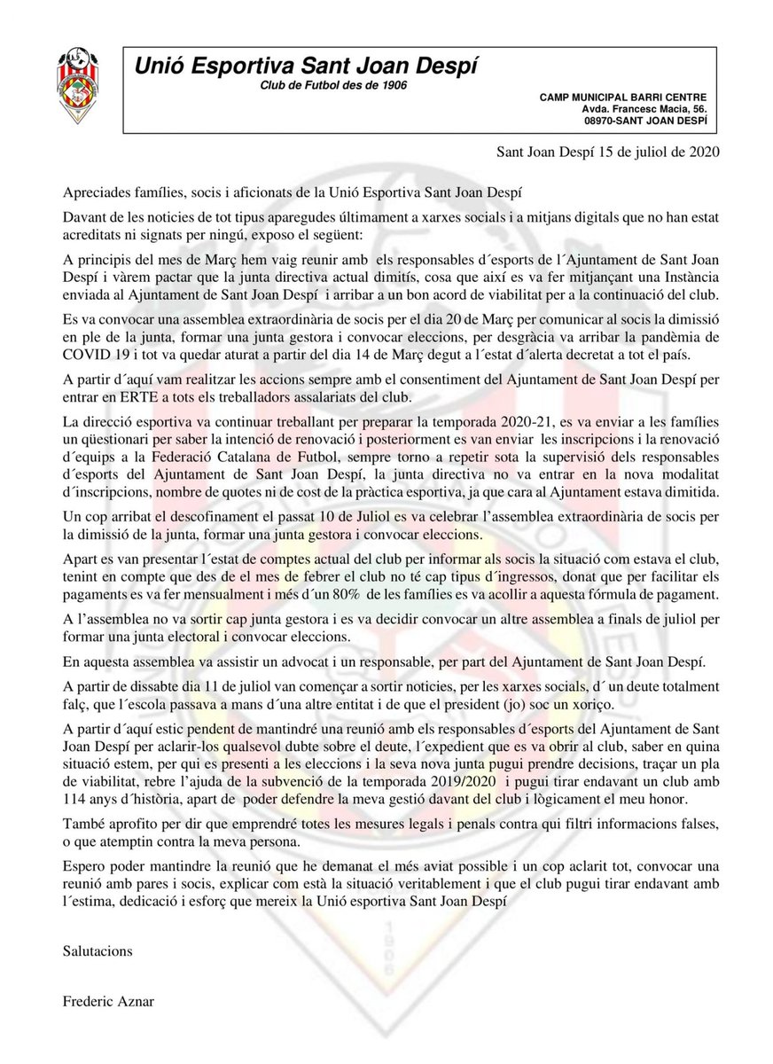COMUNICADO OFICIAL <a href="/uestjoandespi/">Sant Joan Despí</a>