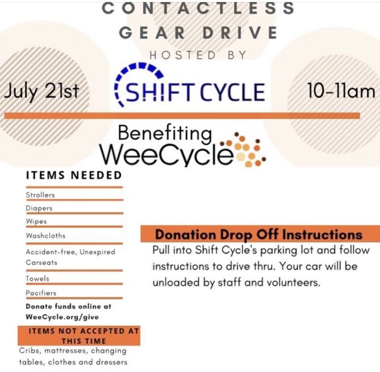 Mark your calendar! Next week on Tuesday, July 21st, Shift Cycle (at 5096 Central Park Blvd, Denver, CO 80238) is hosting a drive to help collect WeeCycle's high demand baby essentials! The WeeCycle bus will be setup outside! shift-cycle.com/schedule-east