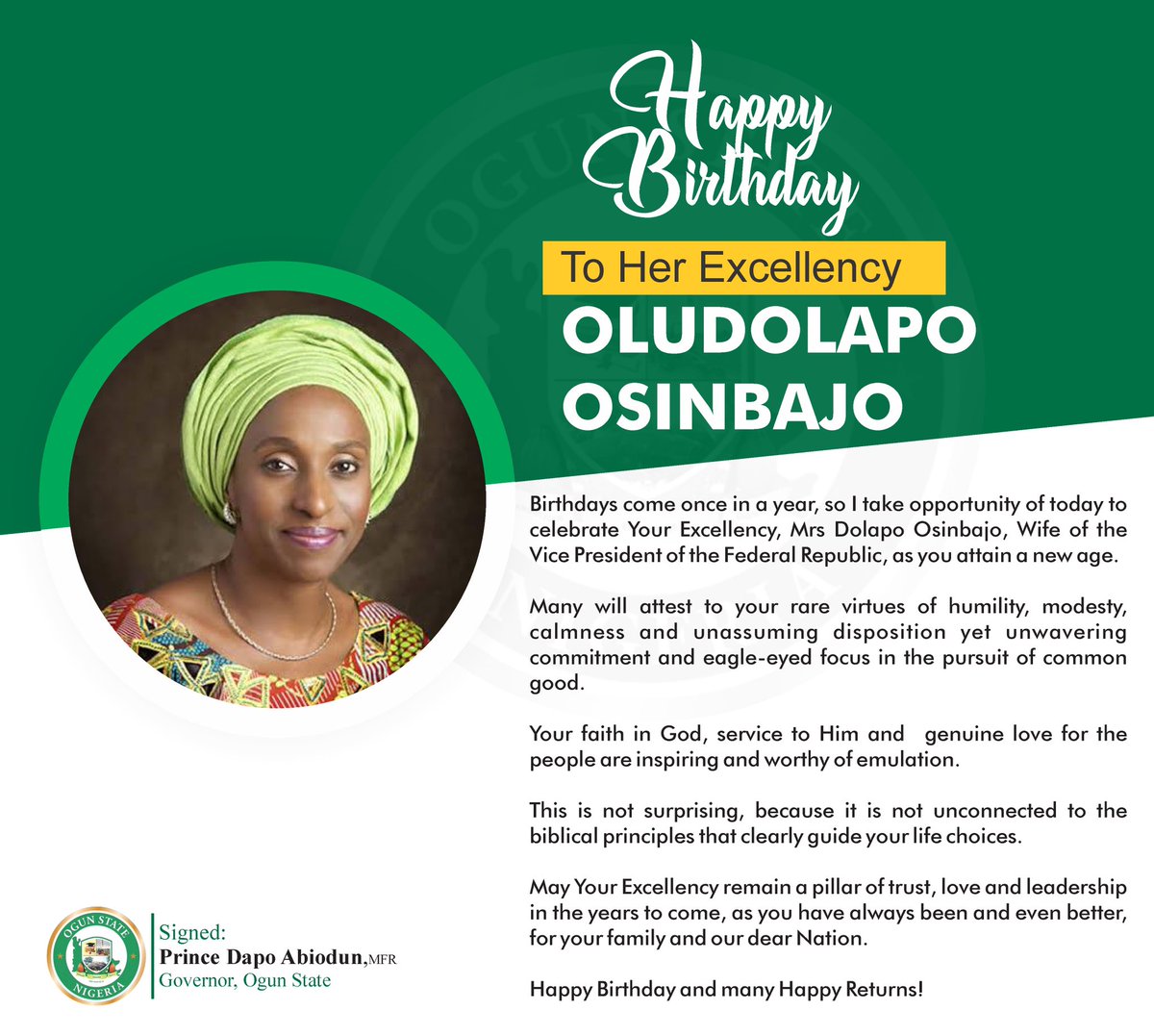 DapoAbiodunCON's tweet photo. Birthdays come once in a year, so I take opportunity of today to celebrate Your Excellency, Mrs Dolapo Osinbajo, Wife of the Vice President of the Federal Republic, as you attain a new age. https://t.co/7oSg48PCxq
