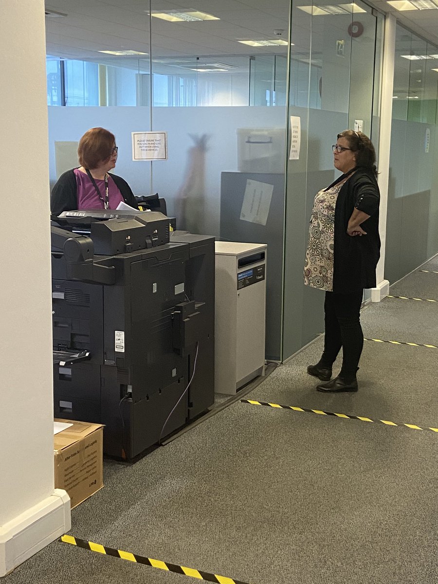 Jograyeducation's tweet photo. A social distanced office - Lovely to see familiar faces from a distance! @OneEducation https://t.co/3qcll3r9fL