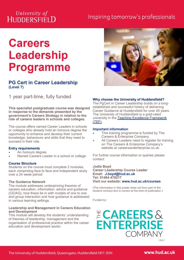 Are you are Career Leader in a school or college? Applications are now open for the fully funded L7 PG Cert Career Leadership. Upon completion students can progress to the PGDip/MA Career Guidance and Development. Contact us for more information!