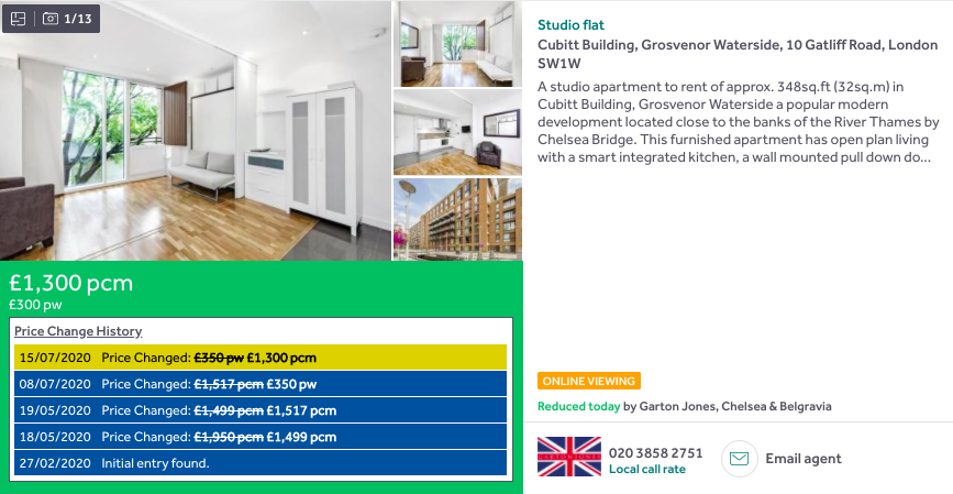 Chelsea/Pimlico no man's land studio down 33% to £1,300  https://www.rightmove.co.uk/property-to-rent/property-68680611.html