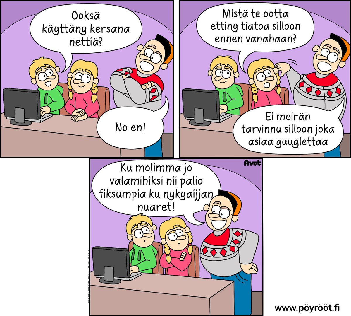 Poyroot's tweet photo. Guuglea ei ennen tarvittu mihinkää! #pöyrööt #sarjakuva ♦️Pöyrööt-kirjat ja -tuattehet: https://t.co/TUPVeUV3mO https://t.co/X5npD6ATxH