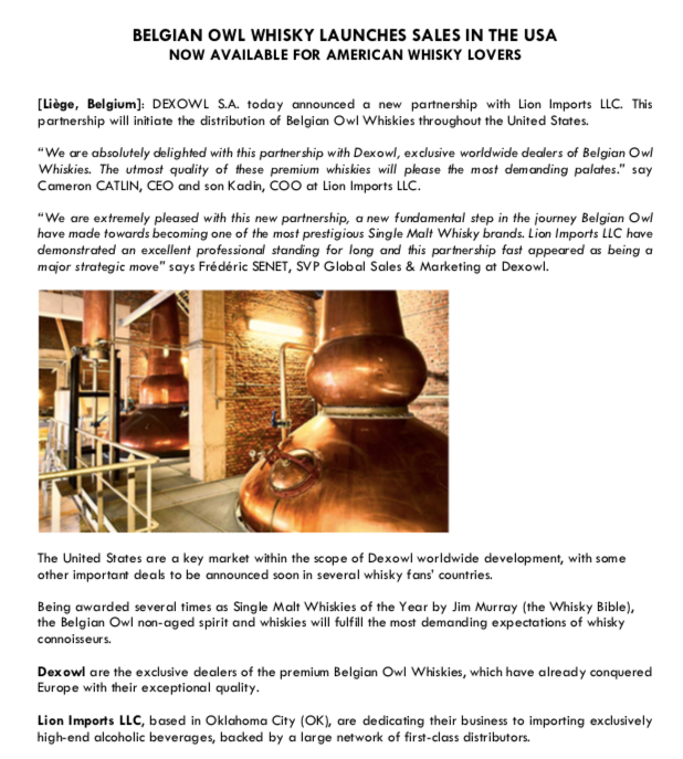Dexowl1's tweet photo. Belgian Owl Whisky launches sales in the USA. Now available for American Whisky lovers #belgianowl #whiskylovers https://t.co/wtji5HbwRM
