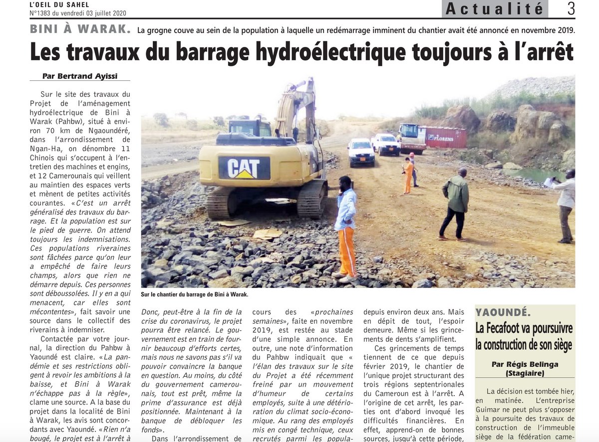 JosefitoDabbol's tweet photo. ‘The pandemic and its restrictions are forcing us to lower our ambitions’, says  government’s unit in charge of Bini-à-Warak dam project (#Adamaoua, #Cameroon). Yet, financial difficulties blocking this #ProjetStructurant long precede #Covid19 @LOeil_du_Sahel #Sinohydro #ICBC https://t.co/RXvojS2c49