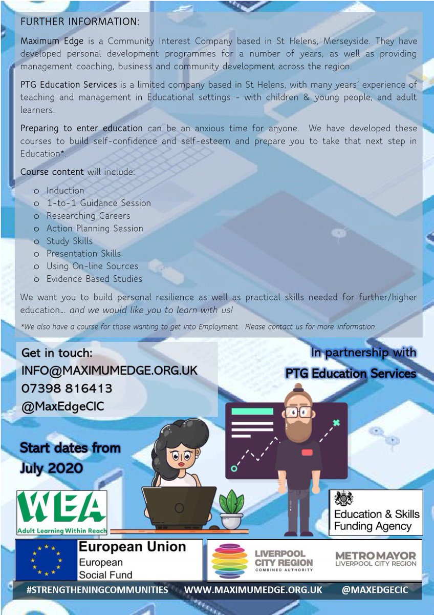 ptglover's tweet image. Delighted to be delivering two courses in partnership with @MaxEdgeCIC for those wanting to return to education or employment. All content on-line and Covid-19 proof! Details below⬇️ @CarmelUniCentre @whatsonsthelens @TorusFdnLizi @sthelenscouncil @StHelensCAB @StHelensCollege