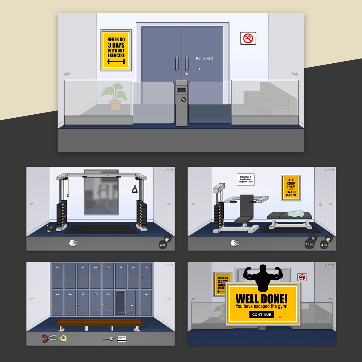 VoidkillerGames's tweet photo. Escape The Gym level screenshots from Escape The Challenge.
Buy full game: https://t.co/N7lHqbeJSZ
Play free demo:  https://t.co/rKSCjClc1W
#escapegame #roomescape #escaperoom #pcgames #PuzzleGame #indiegamer #indiegames #escapechallenge #indiegame #iqtest #Challengeyourself #gym https://t.co/8HhSpfZOqr