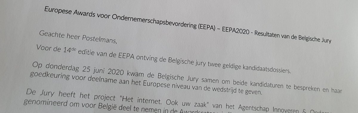 Project "Het internet  Ook uw zaak" is door de Belgische jury genomineerd om voor België deel te nemen aan de Europese Award voor Ondernemerschapsbevordering. Fijn nieuws om de week mee af te sluiten. #hetinternetookuwzaak #ondernemerschap <a href="/VLAIO_be/">VLAIO</a>