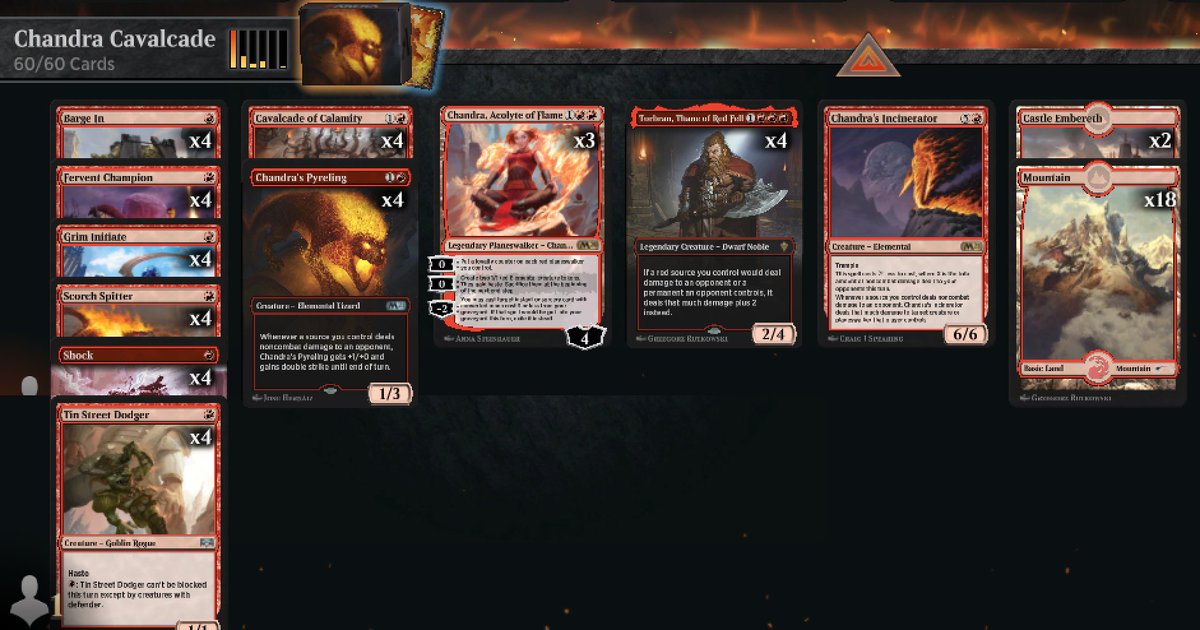madebyjoel's tweet photo. This Cavalcade + Pryreling deck is a fast ladder climber! Went 15 and 5 in Bo1 in Diamond. Variant of @yerauldamtg version. Instant shock can trigger Pyrelings after attacks, then barge in gives them trample. Also good combat trick. Sideboard thoughts? @ArenaDecklists https://t.co/PNKctOtjL5