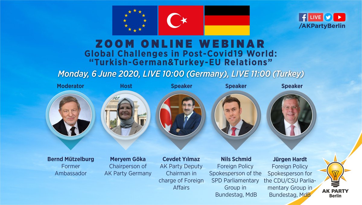 Covid-19 Sonrası Dönemde Küresel Gelişmeler: “Türkiye – Almanya &amp; Türkiye–AB İlişkileri”başlıklı @AKPartyBerlin'ın düzenlediği Zoom-Toplantımız 6 Temmuz 2020 saat 11:00'da(Türkiye), 10:00(Almanya) yapılacaktır.
Bağlantıya tıklayarak kaydolabilirsiniz:
zoom.us/webinar/regist…