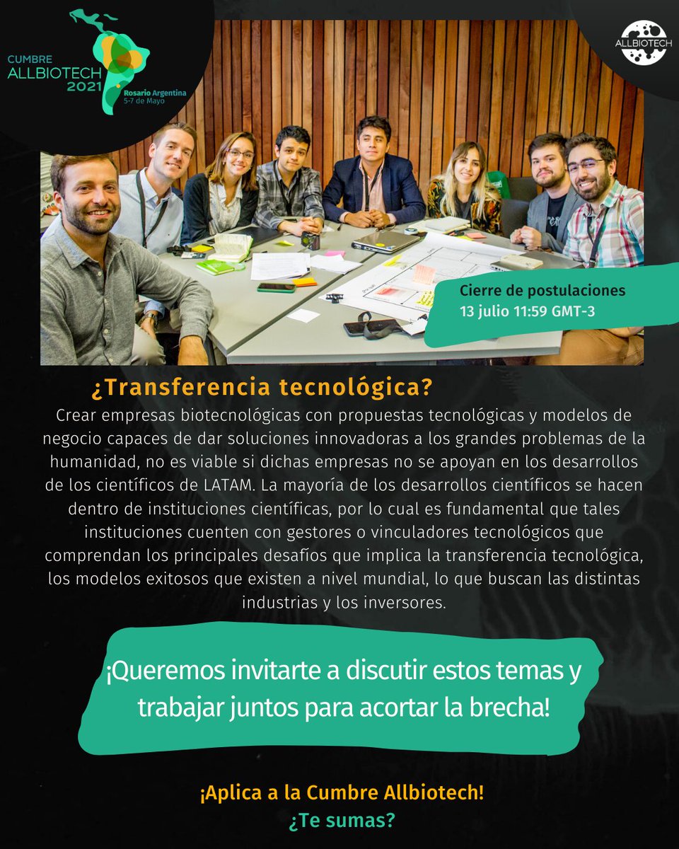 allbiotech_'s tweet photo. Estamos ansiosos de trabajar contigo y #juntos acortar la brecha que nos separa de los países líderes en transferencia tecnológica.

¿Te sumas?

Recuerda que las postulaciones cierran el próximo 13 de julio a las 11:59 GMT-3
📍Convocatoria y Bases en https://t.co/5WcM4WoGmk https://t.co/xAE1Kum5Up