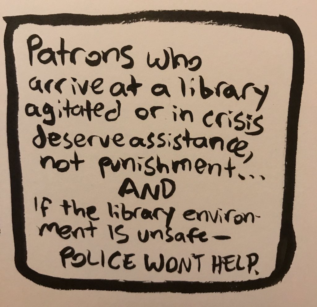 Who are we? We are NYC librarians opposed to police in libraries. Here is a comic listing some of our values. We are reposting our comic listing our values with alt text, since images without alt text are inaccessible to many people. Value 1: No cops in libraries, for any reason.