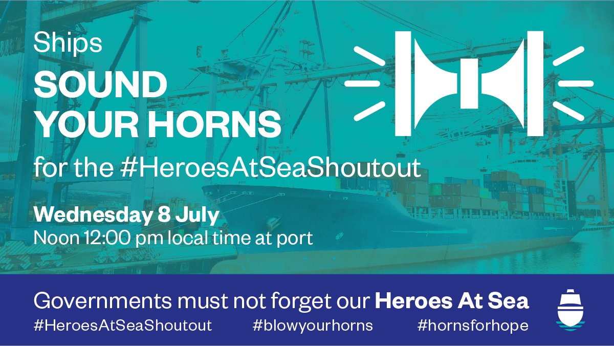 shippingics's tweet photo. Only 5 more days to the #HeroesAtSea Shoutout next Wednesday. Calling all ships to sound their horns at 12 noon local on 8 July.

Please help us share this message!

Find poster material to download and our film at the bottom of the page here https://t.co/tVLtkeYXHg

#crewchange https://t.co/ldKJbDUhQM