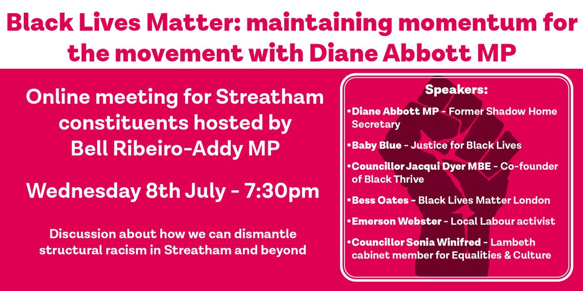 BellRibeiroAddy's tweet photo. Excited to announce I’ll be hosting a #BlackLivesMatter meeting for constituents with @HackneyAbbott, Councillor @SoniaWinifred , Councillor @jahkey2u &amp; other great speakers. 

Wednesday 8th July at 7:30pm

Register via Eventbrite: https://t.co/GSv51zpiE5 https://t.co/FRmHyU6wJp