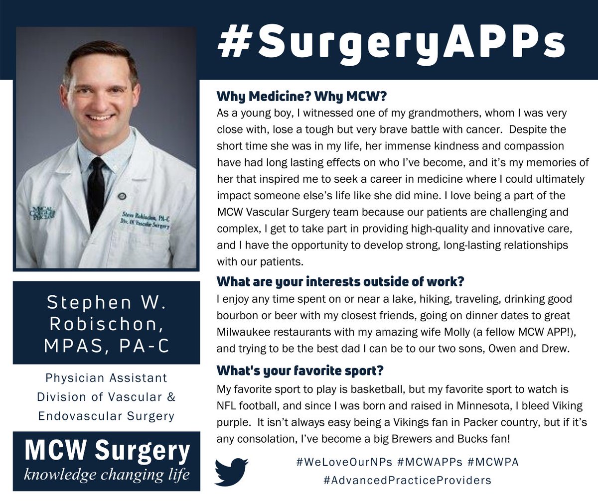 MCWSurgery's tweet photo. Today's #SurgeryAPPs feature is Steve Robischon from @MCWVascSurg! Steve is a physician assistant from Minnesota who was inspired to work in surgery by his grandmother's battle with cancer. He loves the @Brewers ⚾️&amp; @Bucks 🏀 so we'll forgive him for being a @Vikings (🤢) fan! https://t.co/ZJTlc0GxRy
