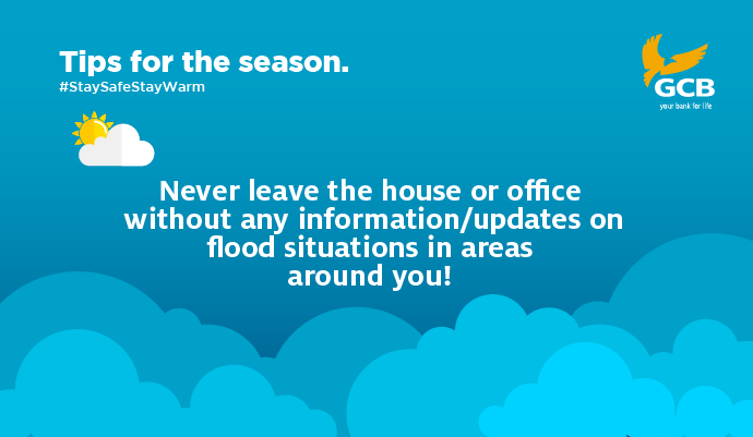 GCBBankPLC's tweet image. It's important to be updated on flood situations before leaving the office or home.
Stay safe and stay warm this wet season.

#StaySafeStayWarm
#YourBank4Life