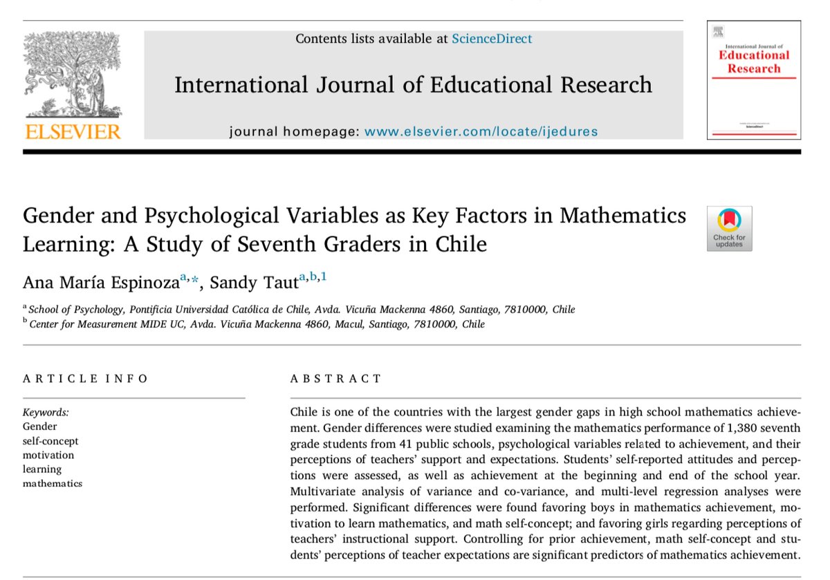 Nuestro estudio releva un tema cada vez más notorio: las BRECHAS DE GÉNERO en la motivación y el aprendizaje en matemáticas en Chile. Desafiar los estereotipos de género es urgente para avanzar hacia la  #EquidadEnEducación  #IgualdadDeGénero 

Leer aquí👉authors.elsevier.com/a/1bItD38nswT1…