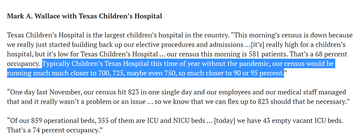people freaked out when children's hospital looked to take adults.but they are not doing it because hospitals are overwhelmed.they are doing it because they are at 68% capacity and that will put them out of business if they keep it up.90-95% is normal. 68% is chapter 11.