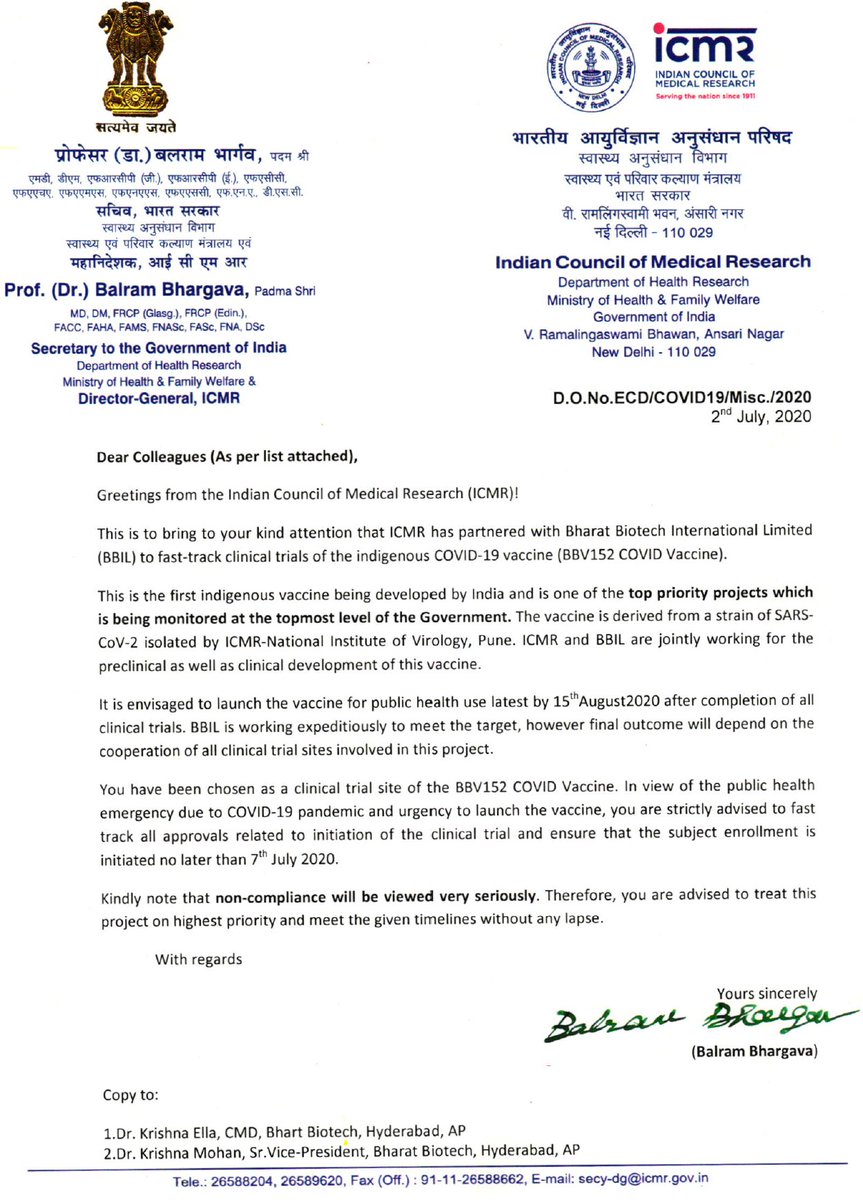 Scandalous! ICMR is rushing through a Covid Vaccine trial in 6 weeks, when proper trials take over a year. So that Modi can make a grand announcement on 15 August. This is criminal. An improperly tested vaccine would cause enormous damage. ICMR DG must be prosecuted for this!