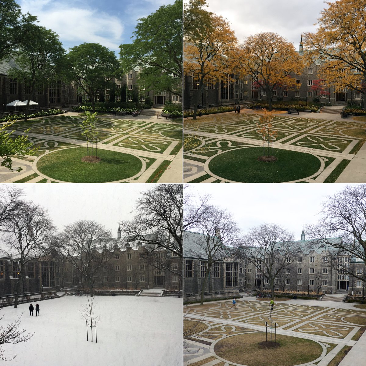 Trinity_College's tweet photo. A room with a view: #SpecialSpacesAtTrinity takes you to the #TrinityQuad through the seasons ☀️🍂❄️🌷
📷 2017 & 2015 https://t.co/zsgneL51IJ