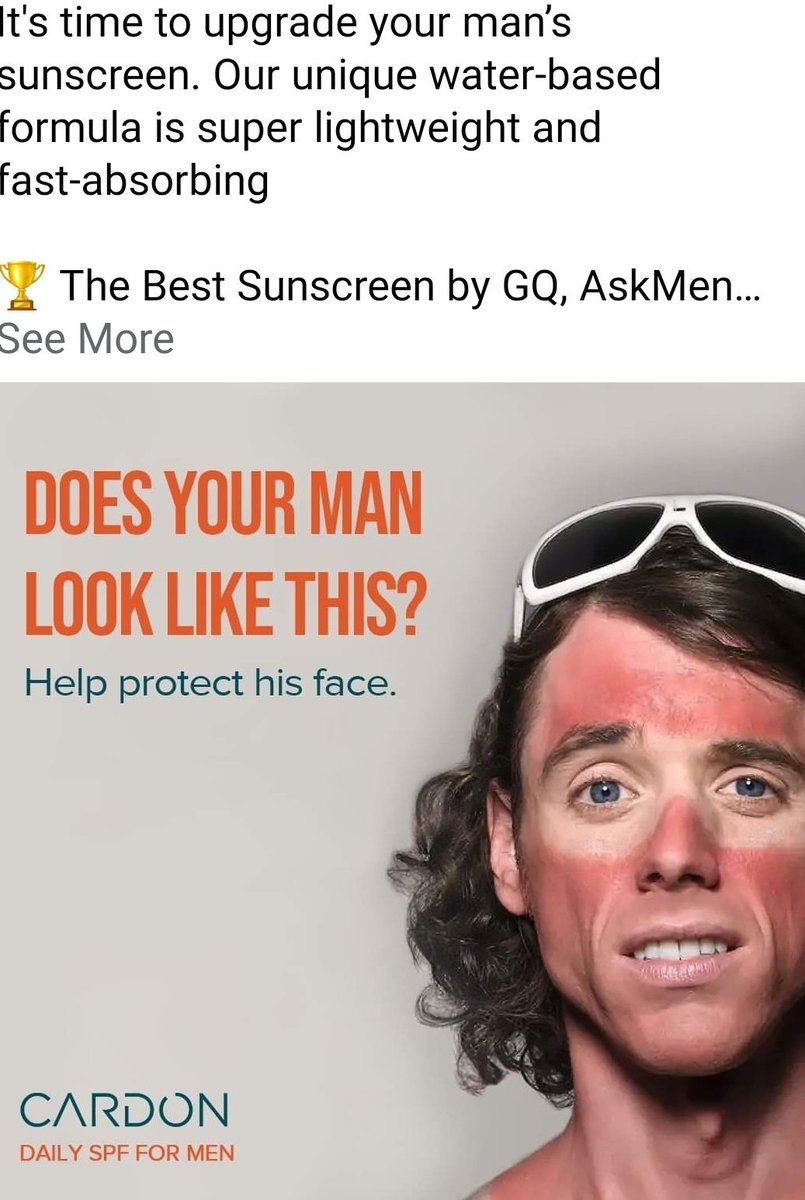 AmandaDeeBee's tweet photo. Today I learned that advertisers think straight men are too stupid to wear sunscreen on their own. https://t.co/zK4pbaM6Ja