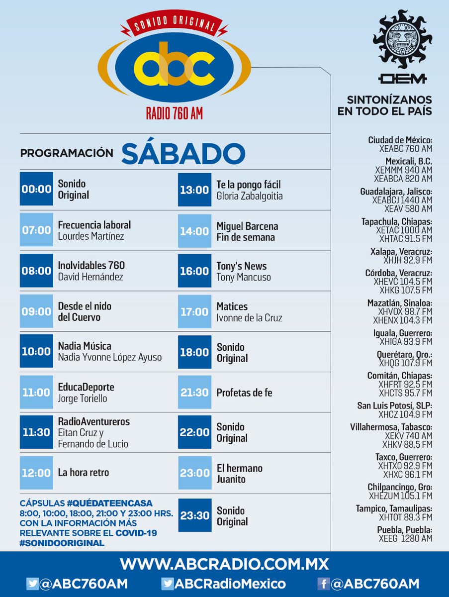 ABC760AM's tweet photo. #QuedateEnCasa 
  9:00 #DesdeElNido @albertoacuervo @nadiamusica 
11:00 #EducaDeporte @JorgeToriello 
11:30  @Radioaventurero 
12:00 #LaHoraRetro 
13:00 #TeLaPongoFácil @gloglo29 
14:00 #FinDeSemana @BARCENAMIGUEL 
16:00 #TonysNews @TonyMancuso123 
17:00 #Matices @Ivonne_delacruz https://t.co/Yv9829NPnc