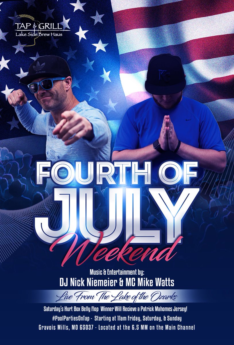 Fourth of July Weekend is here! Music by <a href="/DJNickNiemeier/">DJ Nick Niemeier</a> &amp; @DJMikeWatts poolside starting at 11am each day! Don't miss tomorrow's Red, White, &amp; Boulevard Party! The winner of the Hurt Box Belly Flop Competition will take home a Kansas City Chief's Patrick Mahomes jersey! 🎶🇺🇸💥