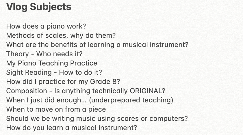 MPounceMusic's tweet photo. So here's something unusual. I have a list of Vlog subjects that I can make videos on. 

Let me know your favourite below in the comments! 

I'll make sure I do the most popular in the next couple I do.

#vlog #video #subjects #music #piano #learning #teaching #practice #grades https://t.co/pOJa4shnrD