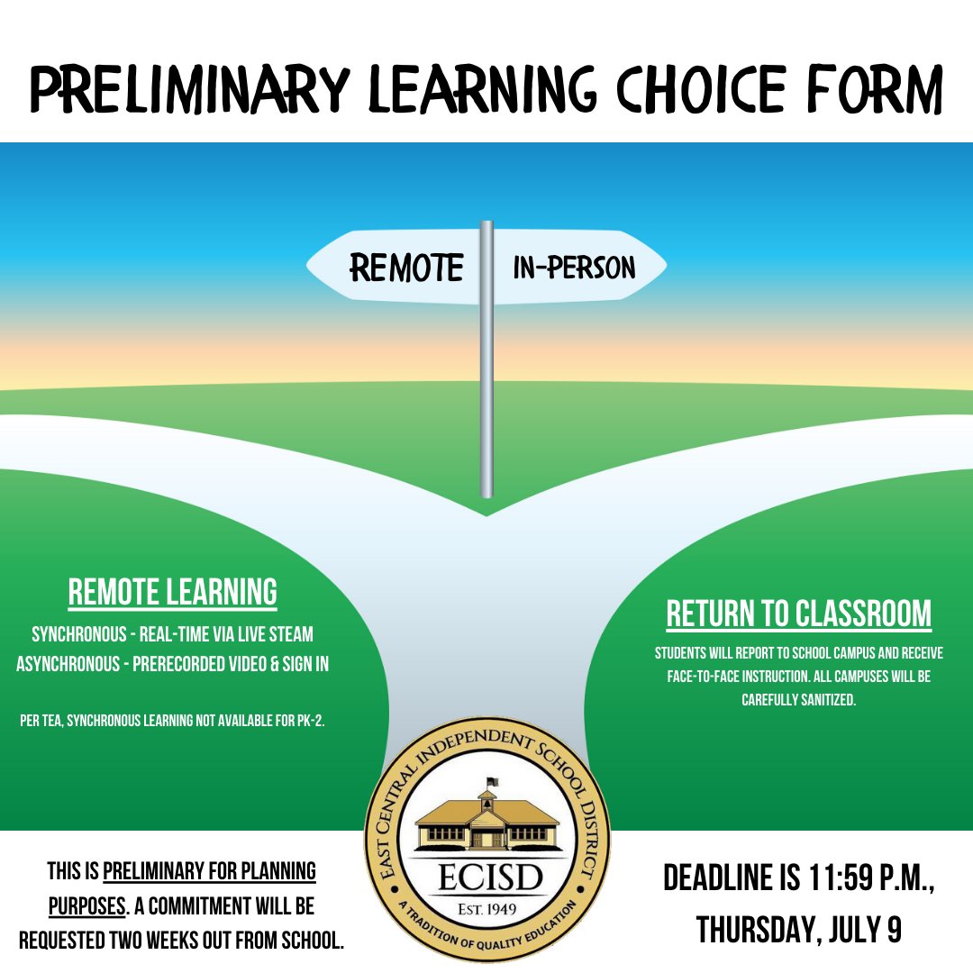 ECISDtweets's tweet photo. East Central is offering you a choice for instruction. Please fill out this preliminary learning form by 11:59 p.m., Thurs, July 9.

This is preliminary for planning purposes. A commitment will be requested from you 2 weeks out from school.

LINK: https://t.co/UgyksTl8SN https://t.co/aWag87fdBJ