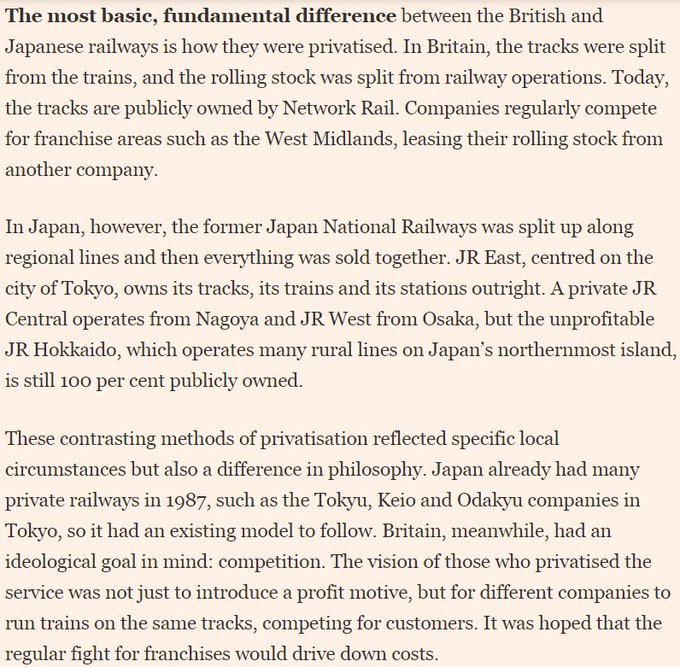 Rail privatisation: the UK looks for secrets of Japan’s successJan 28/2019 Robin Harding in TokyoThe most basic, fundamental difference between the British and Japanese railways is how they were privatised. https://ft.com/content/9f7f044e-1f16-11e9-b2f7-97e4dbd3580d