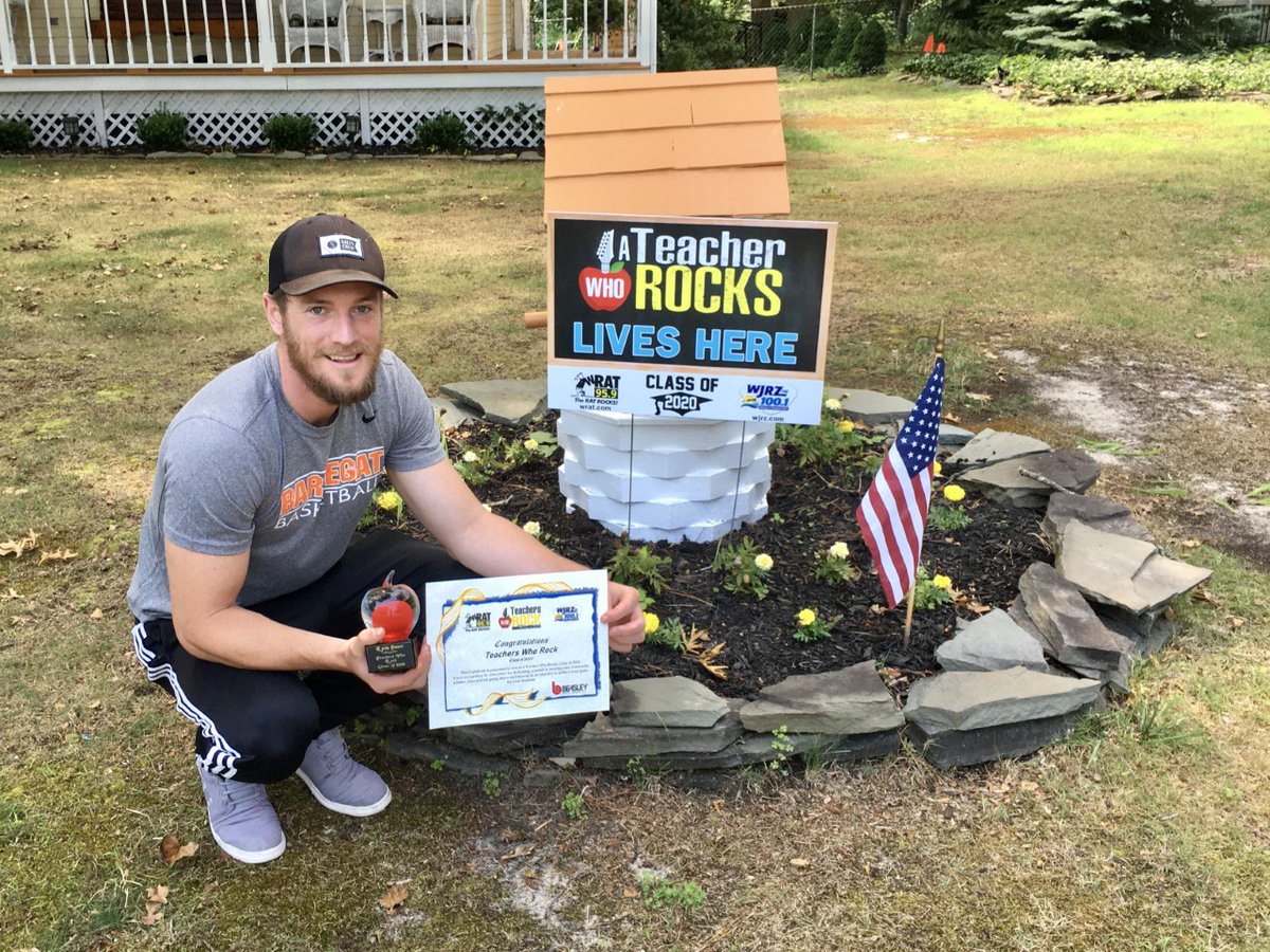 WJRZFM's tweet photo. COVID-19 forced us to cancel our annual "Teachers Who Rock" banquet. We delivered the awards with a lawn sign to each member of the Class of 2020! Here's Kevin Peters of Barnegat High School. Congrats @CoachPetersBHS! #TeachersWhoRock #WJRZ #Teachers #BeasleyBestCommunityOfCaring https://t.co/NamVnLDlrv