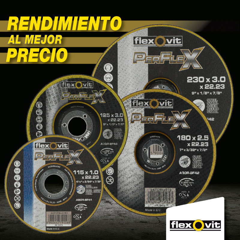 Flexovit_ES's tweet photo. La mejor opción para el Mercado Profesional 👷♀️👷♂️
Los discos de corte y desbaste Perflex de #Flexovit son discos de gran calidad que mejoran los ciclos de producción y permiten un importante ahorro de costes.
👉https://t.co/b21idQdkYR
#FlexovitAbrasivosEspaña #Abrasivo #Industria https://t.co/JbW6cTsggj