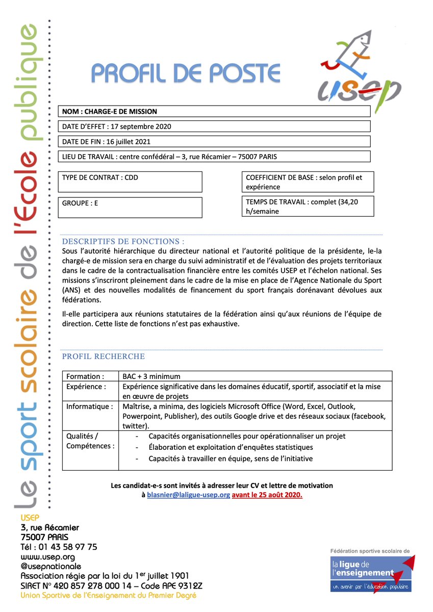 L'USEP nationale recrute. Alors on partage, on diffuse et pourquoi pas : on candidate? 
Nous vous attendons en tout cas!
usep.org/wp-content/upl…
