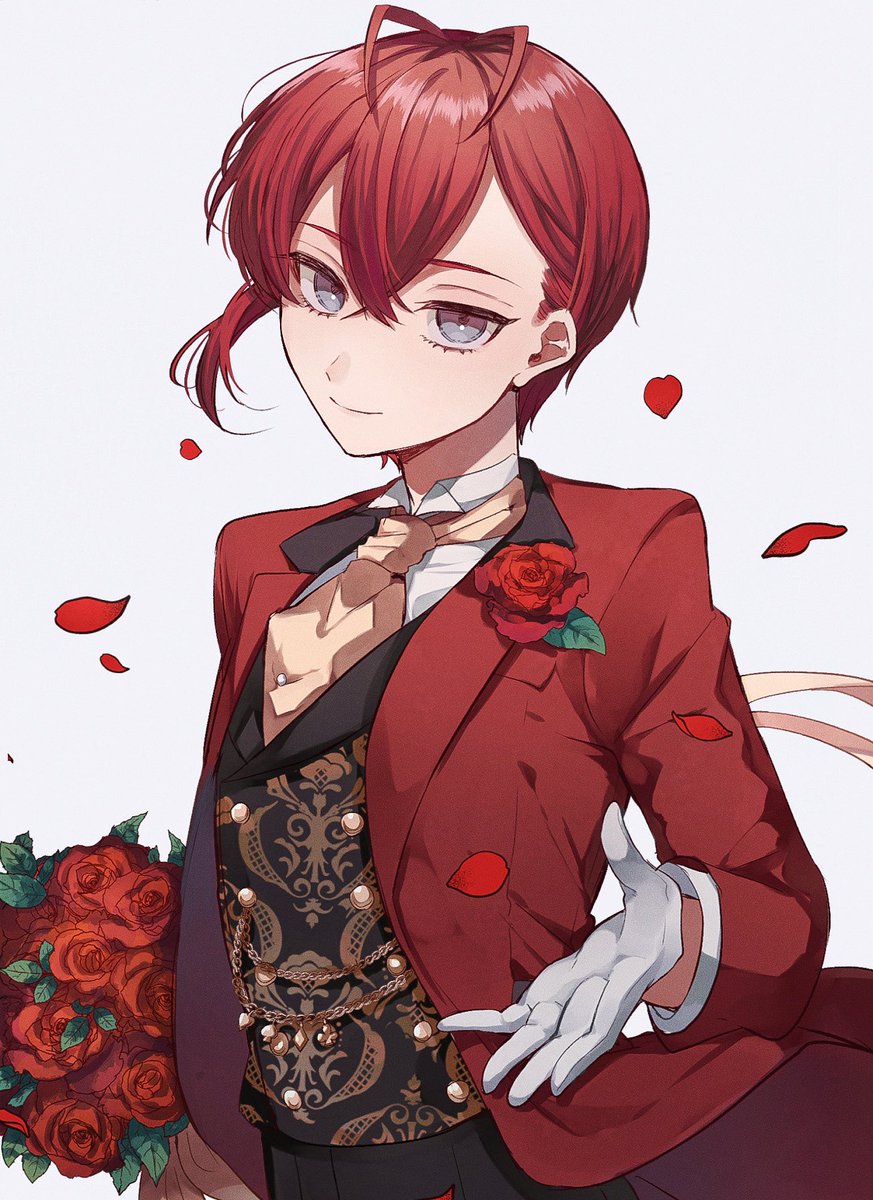 flower 1boy red hair male focus rose solo gloves  illustration images