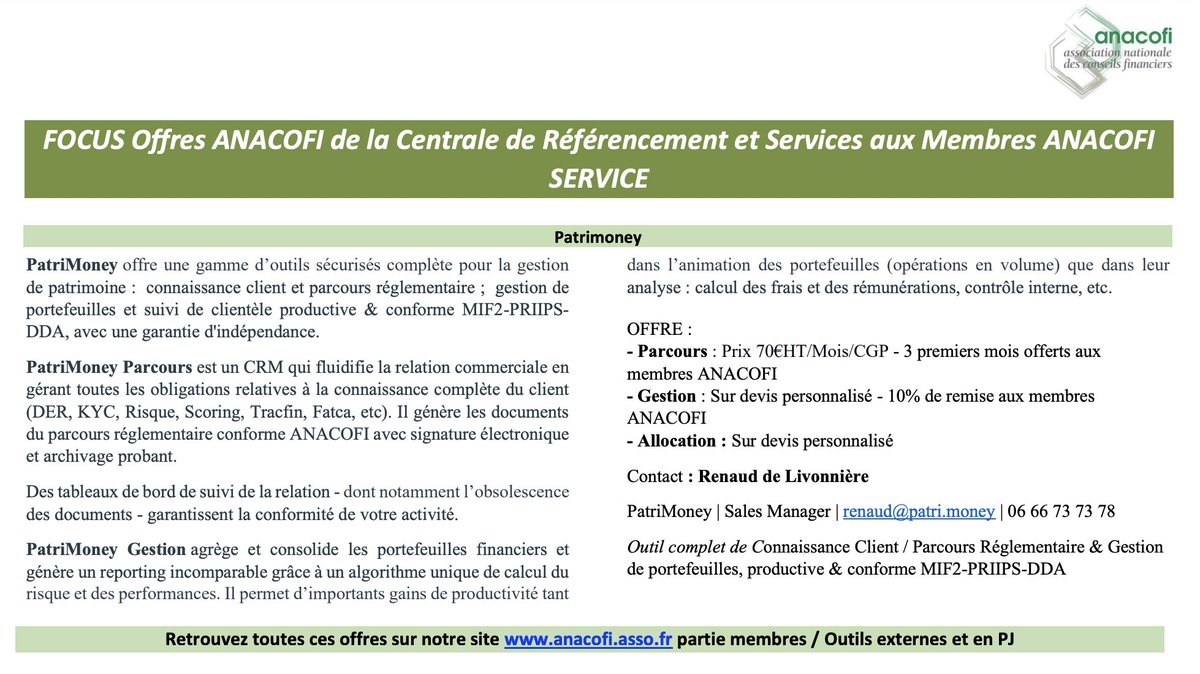 On est très heureux de vous annoncer que l’offre <a href="/patri_money/">PatriMoney</a> est dans la centrale de référencement outils à destination des membres de l’<a href="/AssNaCoFin/">ANACOFI</a> 💚⚖️🖥
Merci à tout l’équipe 🙏🏻 #digital #cgp #gestiondepatrimoine #reglementaire #anacofi #mif2 #priips #dda