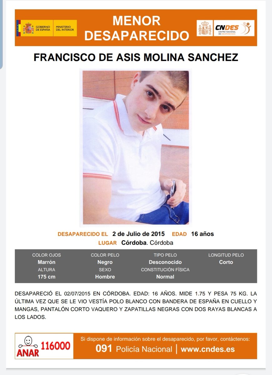 policia's tweet photo. 🚩 5 años después seguimos buscando a Francisco de Asís Molina Sánchez. Desapareció en #Córdoba cuando tenía 16 años. 

Si le has visto o tienes alguna info, llama al: ⬇

📞 091
📞 689950710

Un RT no cuesta nada y puede ayudar a encontrarle. 
¡GRACIAS por tu colaboración! https://t.co/IR453ebcwo