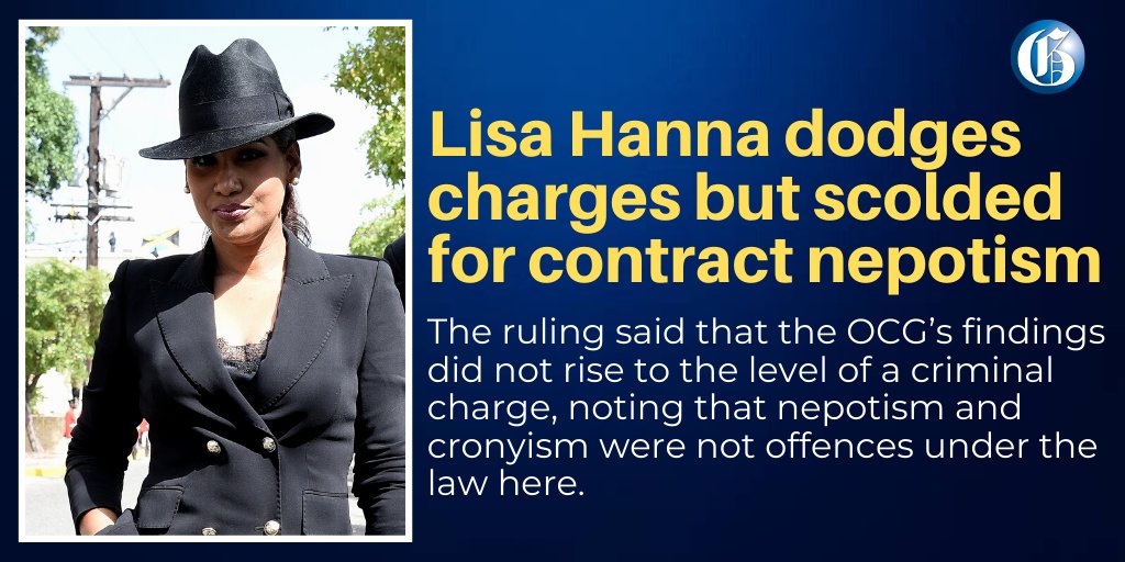 .<a href="/LisaHannamp/">Lisa Hanna</a> has escaped criminal charges but has been slammed for nepotism and cronyism in the award of millions of dollars in contracts in St Ann in a ruling by the director of public prosecutions. Read more: jamaica-gleaner.com/article/lead-s… #GLNRToday