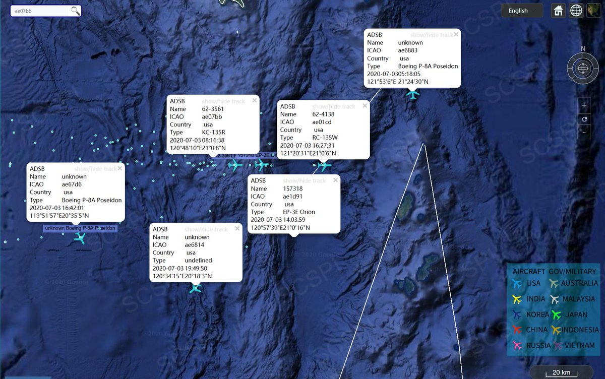 On, July 3, the US military just set a recent record for reconnaissance in the  #SouthChinaSea today. A total of 6 large reconnaissance aircraft including 4 P-8As, 1 EP-3E and 1 RC-135W, plus 2 refuelling tankers. Maybe there were more which could not be seen with open source.